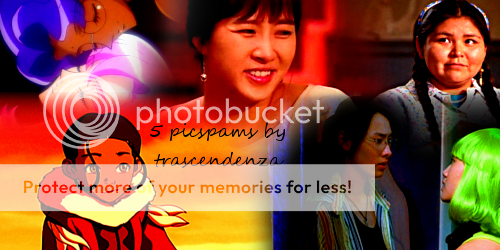 banner featuring Marilyn, Sam Soon, Jade & Takeko, Katara and Anthy & Utena with text -five picspams by trascendenza-